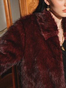 Anewsta Burgundy Faux Fur Collar Short Jacket For Women, Vintage Long Fur Fleece Jacket, Autumn/Winter Retro Style Outerwear Top - Burgundy - View 1