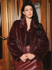 Anewsta Burgundy Faux Fur Collar Short Jacket For Women, Vintage Long Fur Fleece Jacket, Autumn/Winter Retro Style Outerwear Top - Burgundy - View 4
