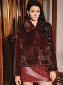 Anewsta Burgundy Faux Fur Collar Short Jacket For Women, Vintage Long Fur Fleece Jacket, Autumn/Winter Retro Style Outerwear Top - Burgundy - View 6