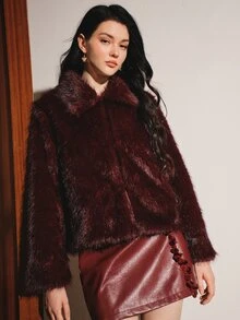 Anewsta Burgundy Faux Fur Collar Short Jacket For Women, Vintage Long Fur Fleece Jacket, Autumn/Winter Retro Style Outerwear Top - Burgundy - View 7