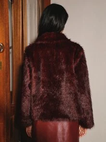 Anewsta Burgundy Faux Fur Collar Short Jacket For Women, Vintage Long Fur Fleece Jacket, Autumn/Winter Retro Style Outerwear Top - Burgundy - View 3