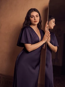 Anewsta Affair New French Style Dropped Shoulder Pleated V-Neck High Waist Slim Fit Purple Plus Size Dress, Wedding Guest Dress, Spring, Summer, Elegant - Purple - View 6