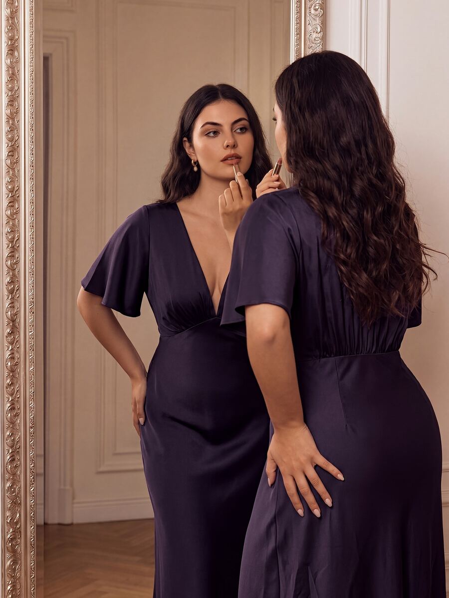 Anewsta Affair New French Style Dropped Shoulder Pleated V-Neck High Waist Slim Fit Purple Plus Size Dress, Wedding Guest Dress, Spring, Summer, Elegant - Purple - View 1