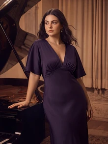 Anewsta Affair New French Style Dropped Shoulder Pleated V-Neck High Waist Slim Fit Purple Plus Size Dress, Wedding Guest Dress, Spring, Summer, Elegant - Purple - View 2
