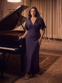 Anewsta Affair New French Style Dropped Shoulder Pleated V-Neck High Waist Slim Fit Purple Plus Size Dress, Wedding Guest Dress, Spring, Summer, Elegant - Purple - View 5