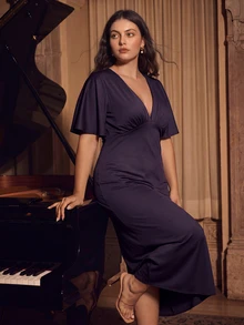 Anewsta Affair New French Style Dropped Shoulder Pleated V-Neck High Waist Slim Fit Purple Plus Size Dress, Wedding Guest Dress, Spring, Summer, Elegant - Purple - View 4