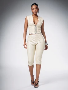 Denimoi Studded Zip Front Top Sexy Tops Fashion Tops Faux Leather Top GNO Clubwear Going Out Clubbing - Cream - View 9