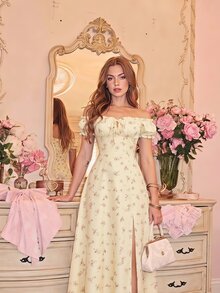 Skyraze Cold Shoulder Petal Sleeve Ruched Bust Slit Ditsy Floral Dress Tea Party Vacation Picnic Beige Summer Cottagecore - Apricot - View 5