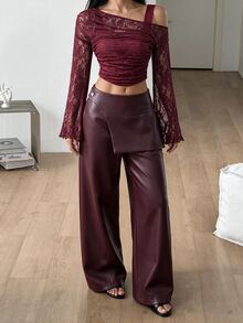 SHEIN MOD 女款酒紅色PU拼接正式休閒長褲，適合返校季、秋冬服飾、萬聖節裝扮、外出與辦公商務穿搭 - 酒紅色 - 查看 6