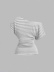 SHEIN MOD Casual Versatile Ruched Asymmetrical Shoulder T-Shirt, Summer Tops, - Light Grey - View 5