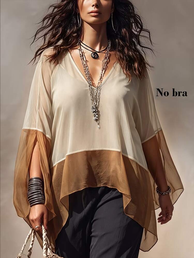 Linhara CURVE Colorblock Patchwork Sheer Mesh V-Neck Cover Up, Loose Batwing Sleeve Lightweight Airy Shirt Top - Khaki - View 5