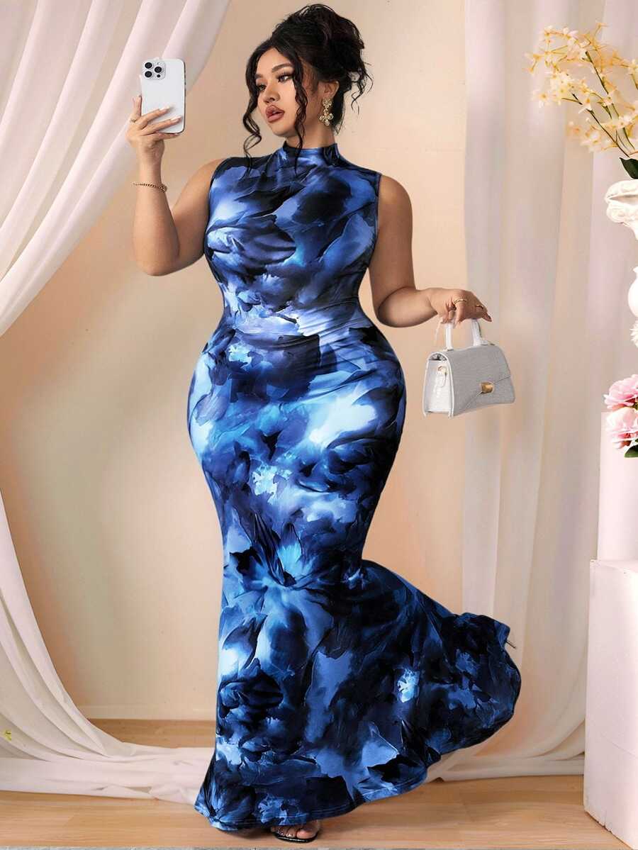 Rometta French Elegant Floral High Neck Sleeveless Dress,Navy Blue,Winter,Dinner,High Waist Knit Floral Print Long A-Line Dress With Ruffled Hem - Navy Blue - View 1