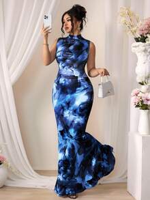 Rometta French Elegant Floral High Neck Sleeveless Dress,Navy Blue,Winter,Dinner,High Waist Knit Floral Print Long A-Line Dress With Ruffled Hem - Navy Blue - View 6
