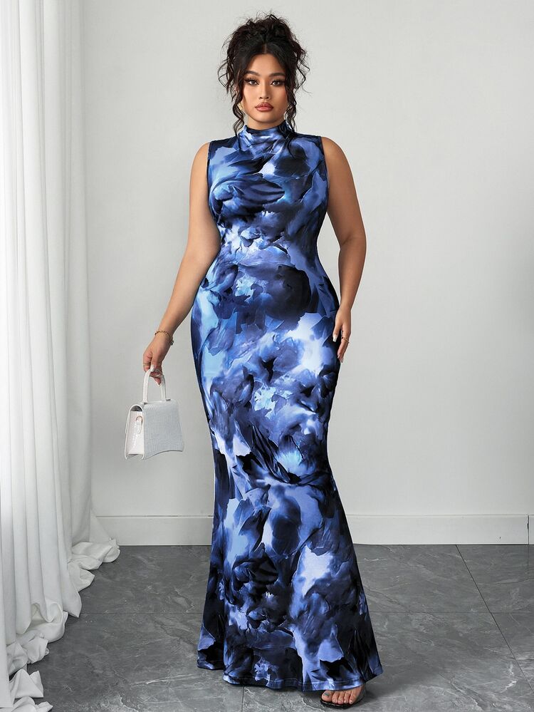 Rometta French Elegant Floral High Neck Sleeveless Dress,Navy Blue,Winter,Dinner,High Waist Knit Floral Print Long A-Line Dress With Ruffled Hem - Navy Blue - View 11