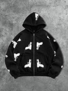 ROMWE MEN Men's Loose Fit Zip-Up Hoodie With Pistol Print Pattern - Black - View 1