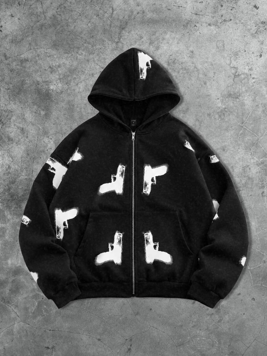 ROMWE MEN Men's Loose Fit Zip-Up Hoodie With Pistol Print Pattern - Black - View 1