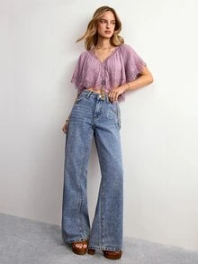 Willow Rêve Women's Pink Loose V-Neck Lace Patchwork Button-Up Blouse - Mauve Purple - View 3