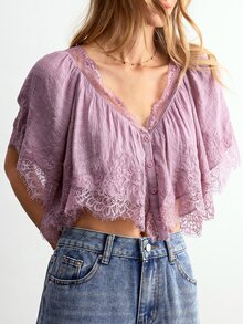 Willow Rêve Women's Pink Loose V-Neck Lace Patchwork Button-Up Blouse - Mauve Purple - View 4