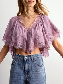 Willow Rêve Women's Pink Loose V-Neck Lace Patchwork Button-Up Blouse - Mauve Purple - View 5