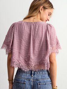 Willow Rêve Women's Pink Loose V-Neck Lace Patchwork Button-Up Blouse - Mauve Purple - View 2