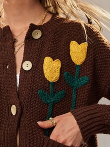SoleilVie Women's 3D Floral Pattern Casual Daily Thin Cardigan - Coffee Brown - View 7