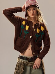 SoleilVie Women's 3D Floral Pattern Casual Daily Thin Cardigan - Coffee Brown - View 4