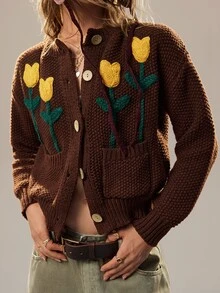 SoleilVie Women's 3D Floral Pattern Casual Daily Thin Cardigan - Coffee Brown - View 1