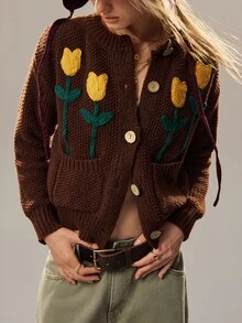 SoleilVie Women's 3D Floral Pattern Casual Daily Thin Cardigan - Coffee Brown - View 6
