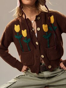 SoleilVie Women's 3D Floral Pattern Casual Daily Thin Cardigan - Coffee Brown - View 3