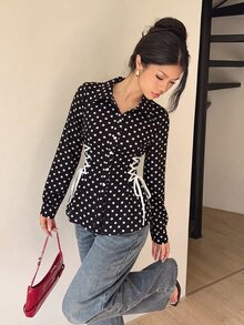 Modelyn Women's Polka Dot Tie Design Casual Versatile Everyday Outing Blouse - Black - View 6