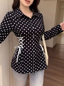 Modelyn Women's Polka Dot Tie Design Casual Versatile Everyday Outing Blouse - Black - View 3