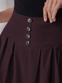 Modelyn Elegant Decorative Buckle Pleated Umbrella Hem Midi Skirt - Burgundy - View 2