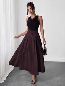 Modelyn Elegant Decorative Buckle Pleated Umbrella Hem Midi Skirt - Burgundy - View 4