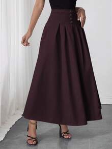 Modelyn Elegant Decorative Buckle Pleated Umbrella Hem Midi Skirt - Burgundy - View 5