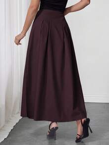 Modelyn Elegant Decorative Buckle Pleated Umbrella Hem Midi Skirt - Burgundy - View 6