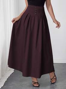 Modelyn Elegant Decorative Buckle Pleated Umbrella Hem Midi Skirt - Burgundy - View 7
