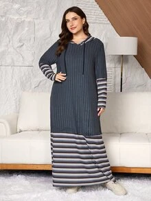 Lacomfia Casual Minimalist Knitted Ribbed Patchwork Ribbed Hooded Long Sleeve Loose Regular Fit Plus Size Dress, Spring/Autumn - Multicolor - View 5