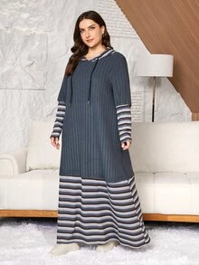 Lacomfia Casual Minimalist Knitted Ribbed Patchwork Ribbed Hooded Long Sleeve Loose Regular Fit Plus Size Dress, Spring/Autumn - Multicolor - View 3