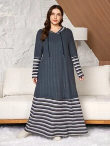 Lacomfia Casual Minimalist Knitted Ribbed Patchwork Ribbed Hooded Long Sleeve Loose Regular Fit Plus Size Dress, Spring/Autumn - Multicolor - View 6