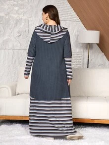 Lacomfia Casual Minimalist Knitted Ribbed Patchwork Ribbed Hooded Long Sleeve Loose Regular Fit Plus Size Dress, Spring/Autumn - Multicolor - View 2