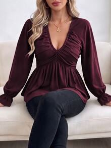 Elenzga Damblus i plus size, armégrön, med V-ringning, dubbla lager, rynkad bröst, rygg och markerad midja, A-linje, raglanärm, volangmanschett och lång ärm, elegant höstnyhet - Kastanjebrun - Visa 4