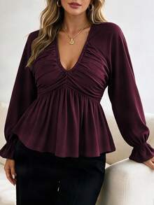 Elenzga Damblus i plus size, armégrön, med V-ringning, dubbla lager, rynkad bröst, rygg och markerad midja, A-linje, raglanärm, volangmanschett och lång ärm, elegant höstnyhet - Kastanjebrun - Visa 3