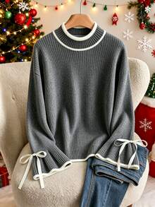 Franclia Autumn/Winter Plus Size Women's Knit Minimalist Casual Top, Fashion Flare Sleeve Bow Knot Versatile Pullover Sweater - Grey - View 1