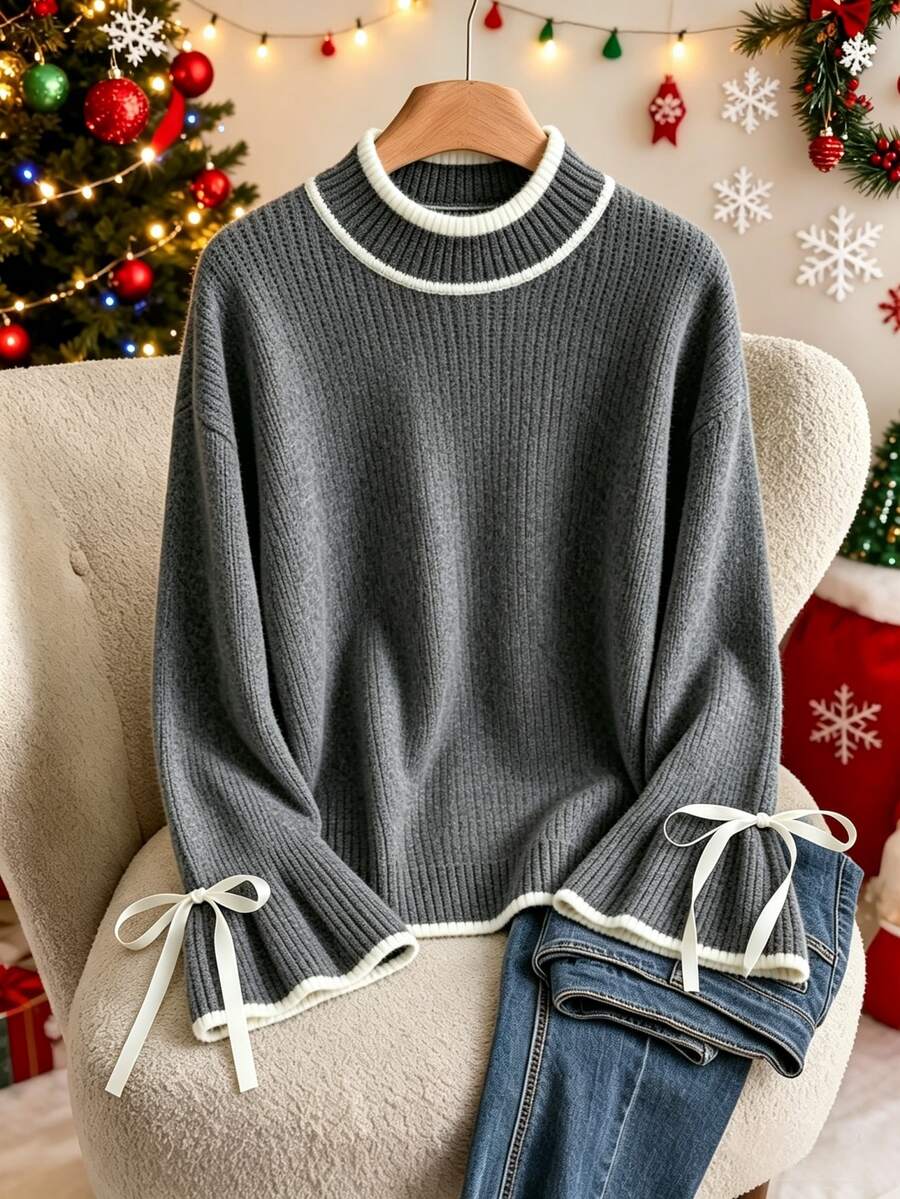 Franclia Autumn/Winter Plus Size Women's Knit Minimalist Casual Top, Fashion Flare Sleeve Bow Knot Versatile Pullover Sweater - Grey - View 1