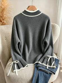 Franclia Autumn/Winter Plus Size Women's Knit Minimalist Casual Top, Fashion Flare Sleeve Bow Knot Versatile Pullover Sweater - Grey - View 2