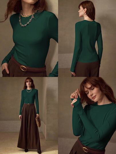 MOTF PREMIUM HIGH ELASTICITY SKIN-FRIENDLY SOLID COLOR ROUND NECK SLIM FIT FLATTERING FASHION LONG SLEEVE VERSATILE WOMEN'S BASE LAYER TOP