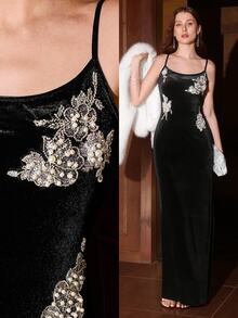 MOTF PREMIUM WOMEN'S BLACK VELVET PATCHWORK FAUX PEARL SEQUIN BEADED DECOR SLIM FIT SPAGHETTI STRAP DRESS - Black - View 1