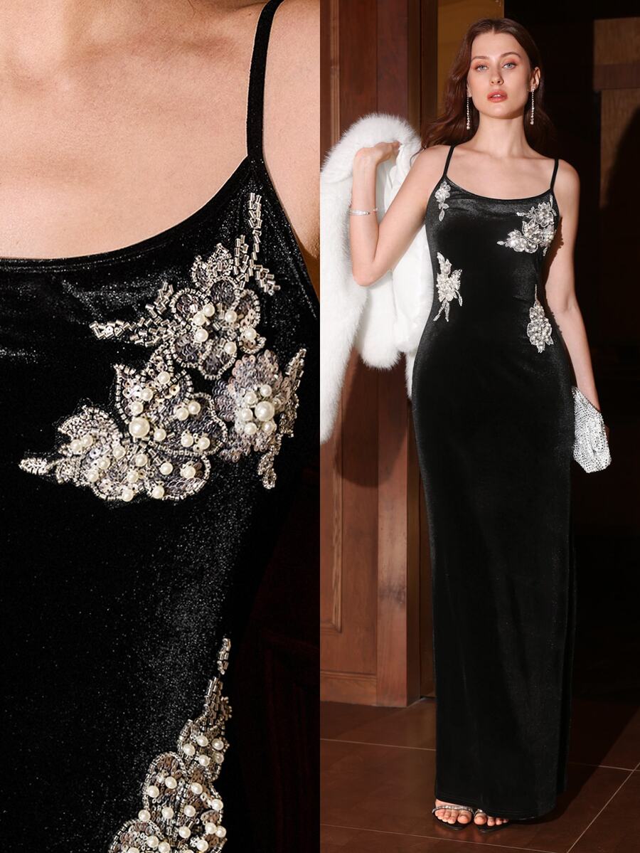 MOTF PREMIUM WOMEN'S BLACK VELVET PATCHWORK FAUX PEARL SEQUIN BEADED DECOR SLIM FIT SPAGHETTI STRAP DRESS - Black - View 1