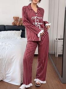 Napfluff 女款休閒居家條紋印花撞色荷葉邊蝴蝶結長袖長褲睡衣套裝 - 酒紅色 - 查看 6