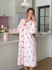 Slumberry CURVE Sweet Cute Heart Striped Colorblock Print Bow Long Sleeve Plus Size Nightgown - Pink - View 5